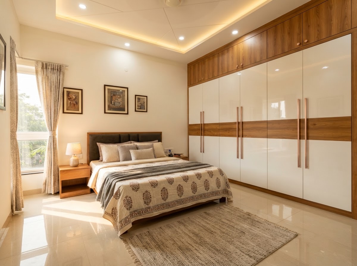 Master Bedroom: A floor-to-ceiling wardrobe with glossy white shutters, a teak band and full-height lofts