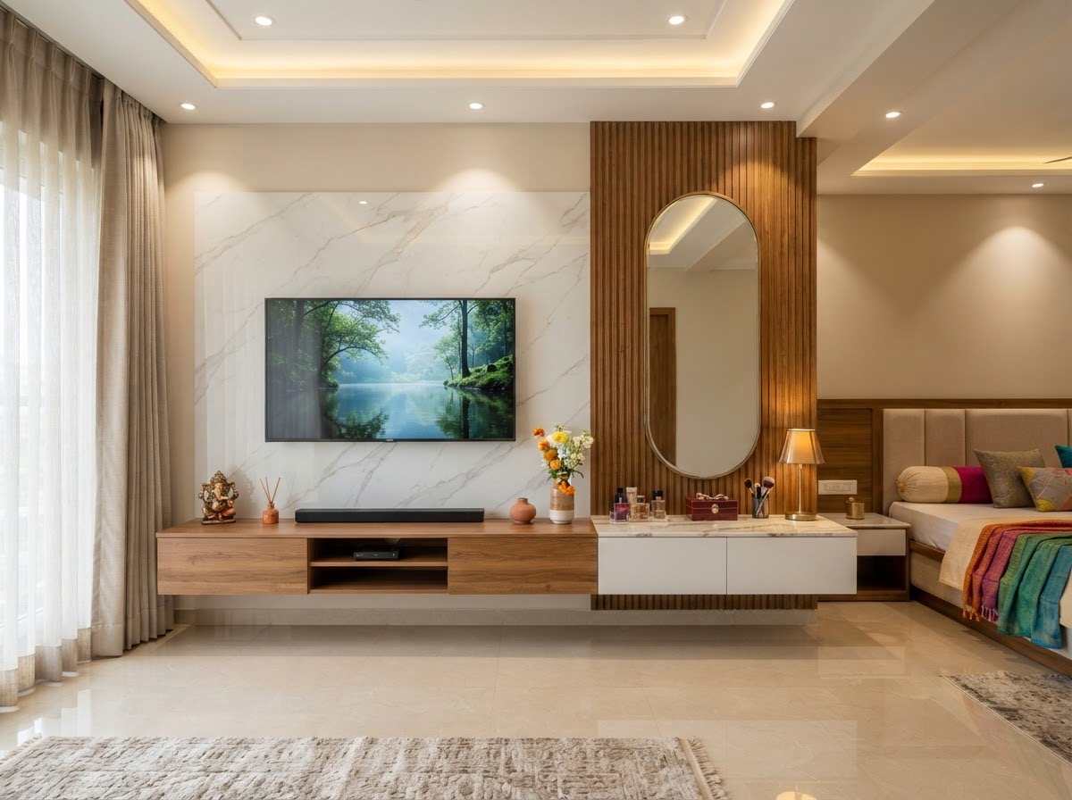 Bedroom TV unit with marble-look wall, fluted wood panel and oval mirror dresser
