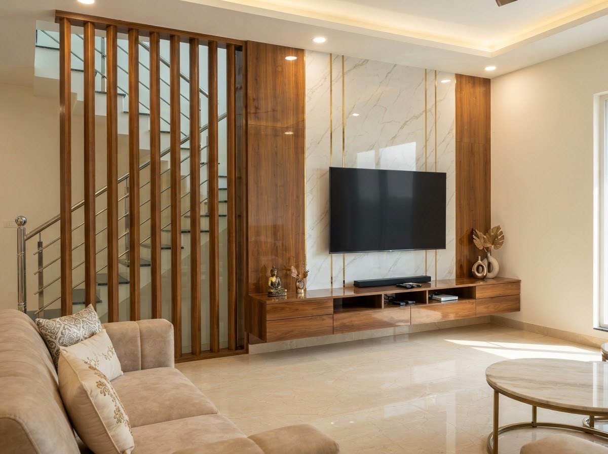Wooden louvre partition beside a marble-look TV wall with spot lights