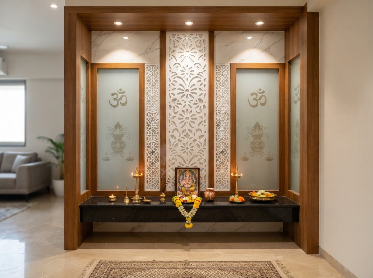 Wooden pooja room partition with frosted Om and kalash glass and a jali panel