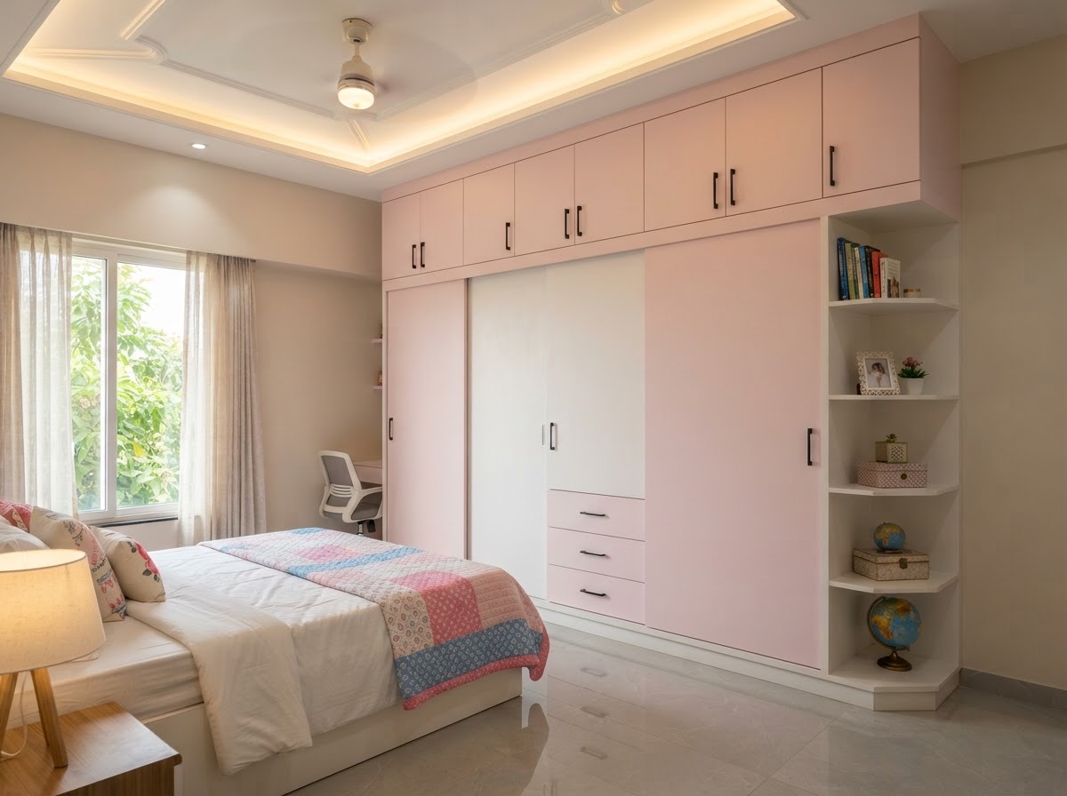 Pink and white kids room wardrobe with lofts, drawers and corner shelves