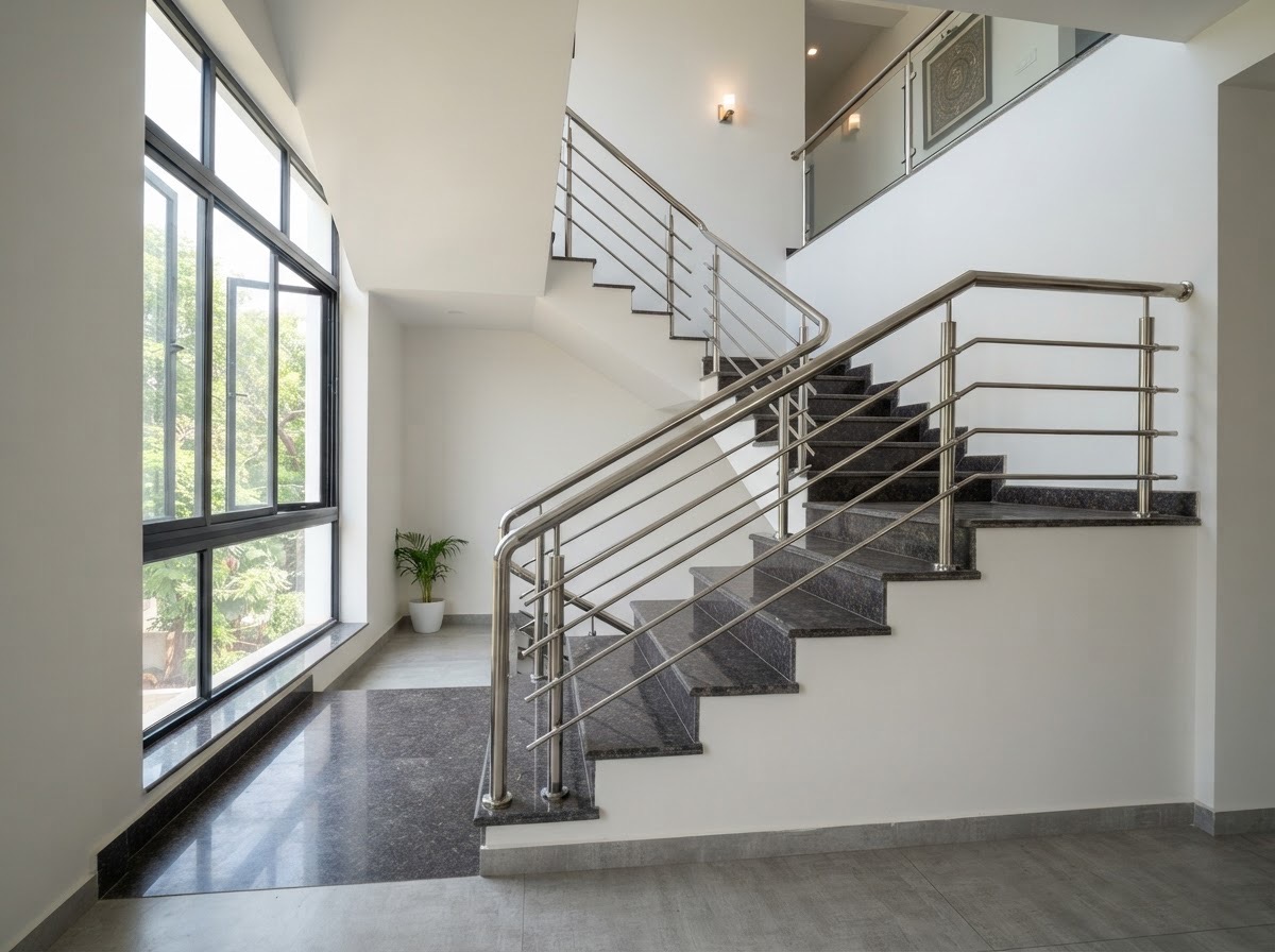 Staircase: Stainless steel railing on granite steps, lit by tall aluminium windows